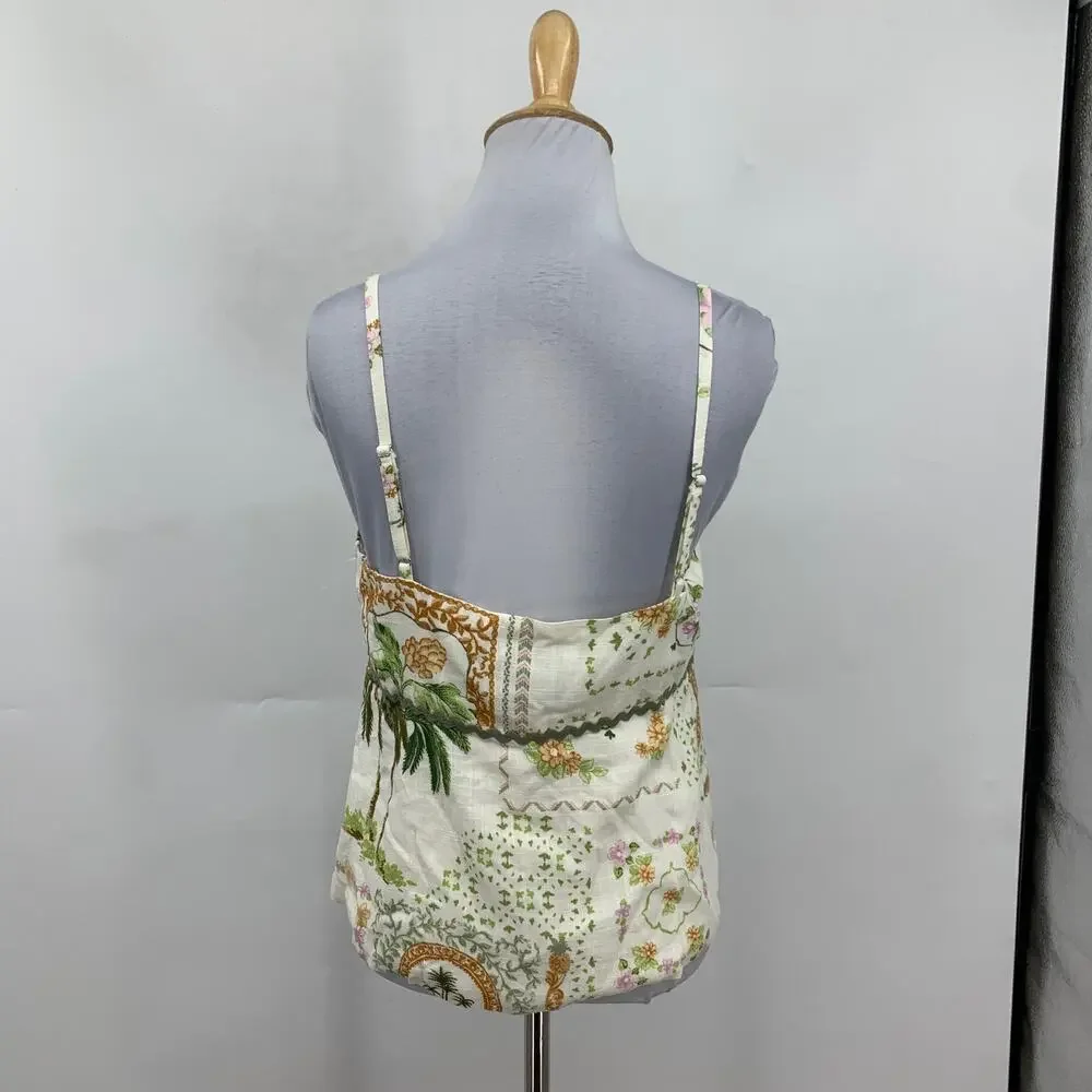 Paper Heart Top Womens M Medium Cream Linen Blend Sweetheart Neck Palm Tree